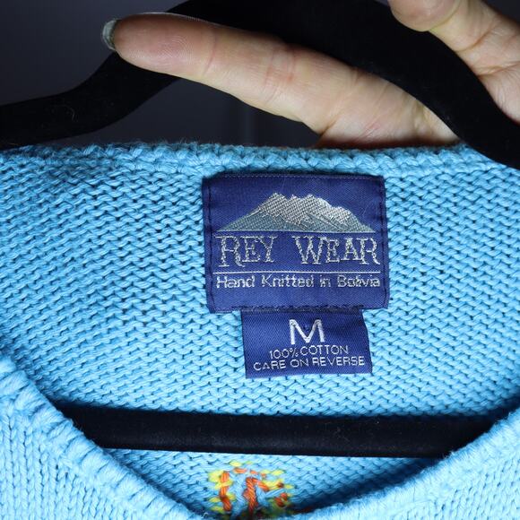 Rey Wear Hand Knit Bolivia Cardigan M Ocean Theme Cotton Sweater - Picture 3 of 4